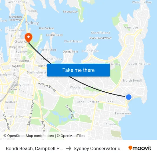 Bondi Beach, Campbell Pde, Stand C to Sydney Conservatorium of Music map