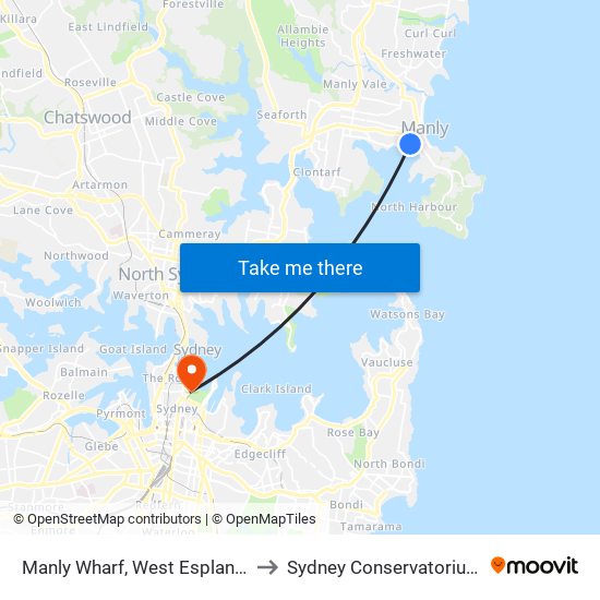 Manly Wharf, West Esplanade, Stand A to Sydney Conservatorium of Music map