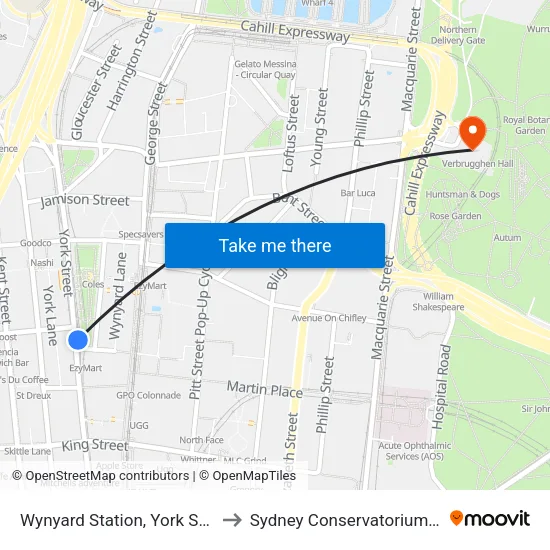 Wynyard Station, York St, Stand H to Sydney Conservatorium of Music map