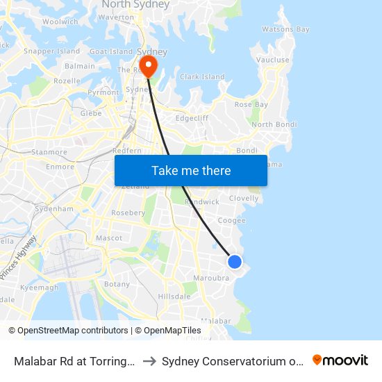 Malabar Rd at Torrington Rd to Sydney Conservatorium of Music map