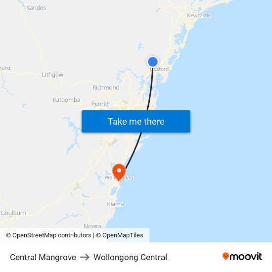 Central Mangrove to Wollongong Central map
