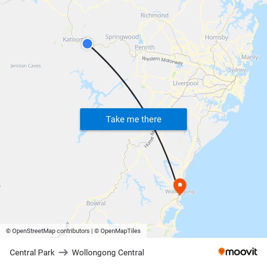Central Park to Wollongong Central map