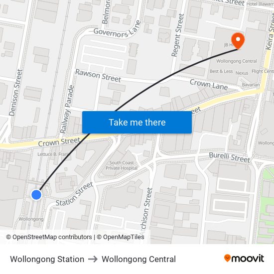 Wollongong Station to Wollongong Central map