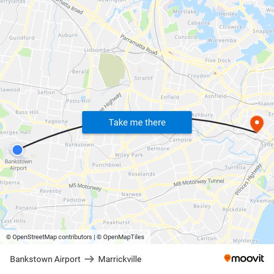 Bankstown Airport to Marrickville map