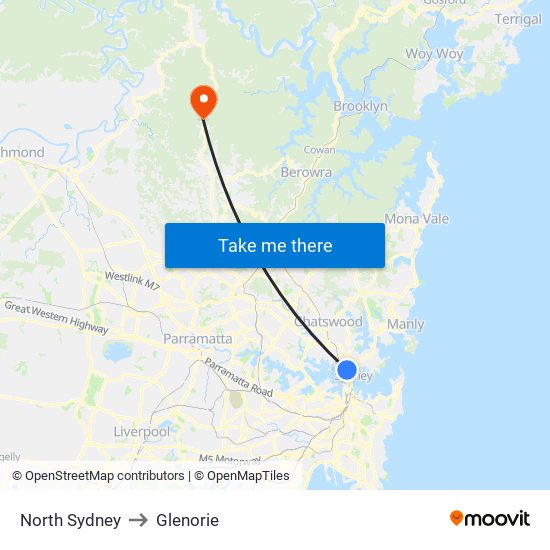 North Sydney to Glenorie map