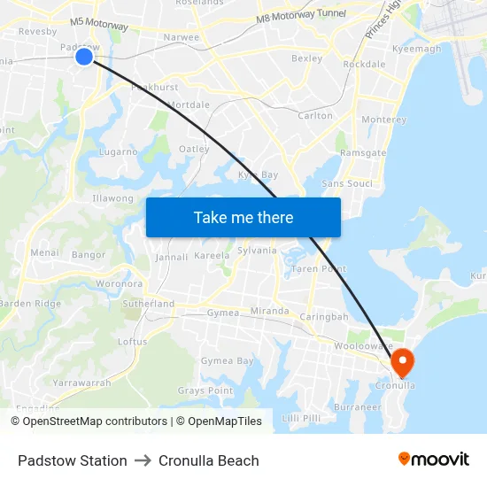 Padstow Station to Cronulla Beach map