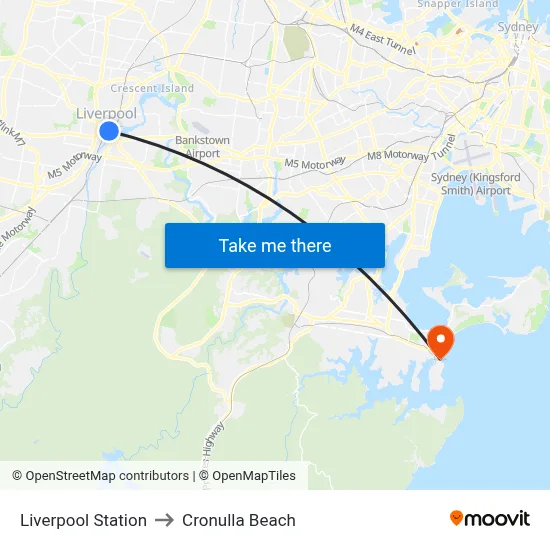 Liverpool Station to Cronulla Beach map