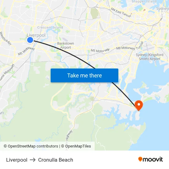 Liverpool to Cronulla Beach map