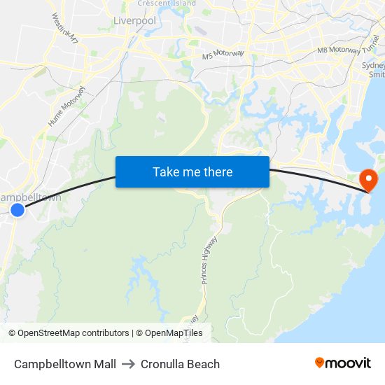 Campbelltown Mall to Cronulla Beach map