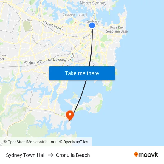 Sydney Town Hall to Cronulla Beach map