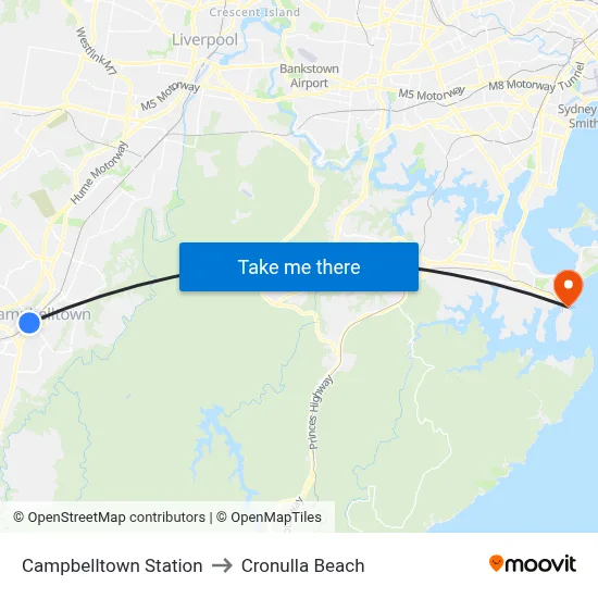 Campbelltown Station to Cronulla Beach map