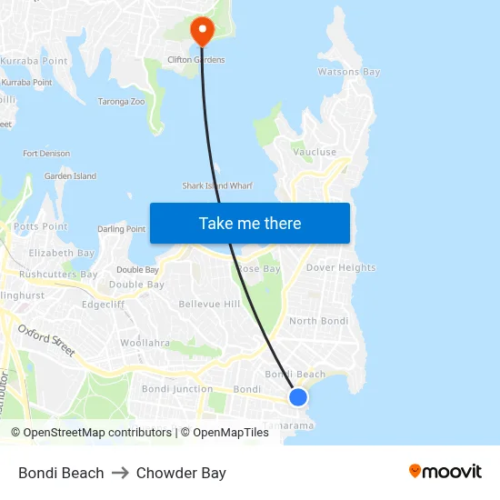 Bondi Beach to Chowder Bay map