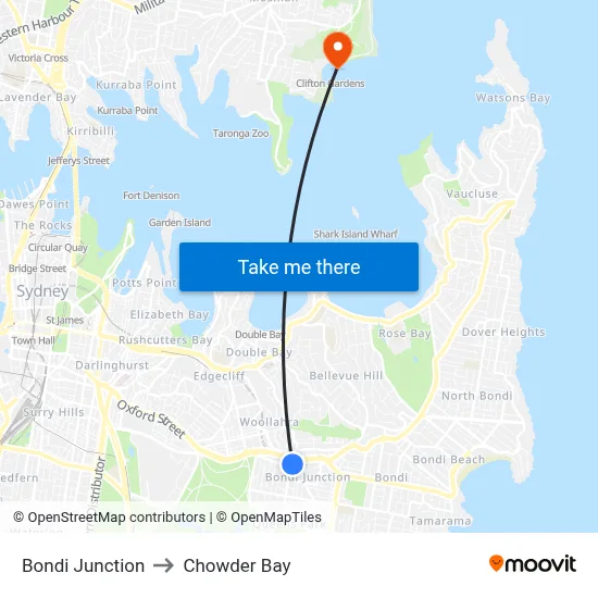Bondi Junction to Chowder Bay map