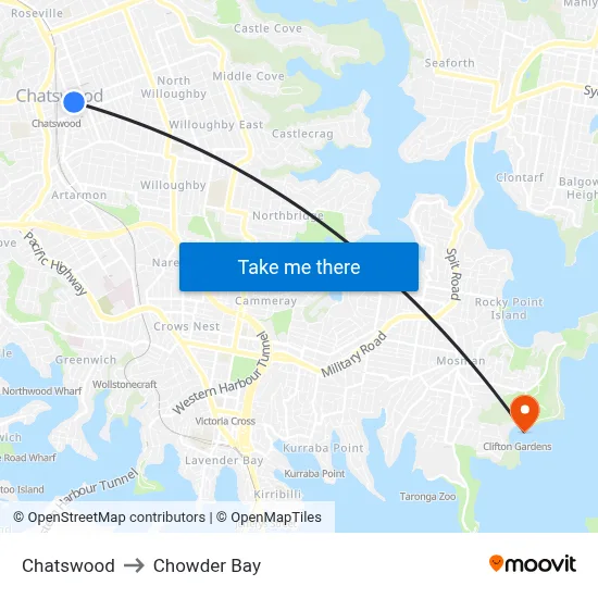 Chatswood to Chowder Bay map