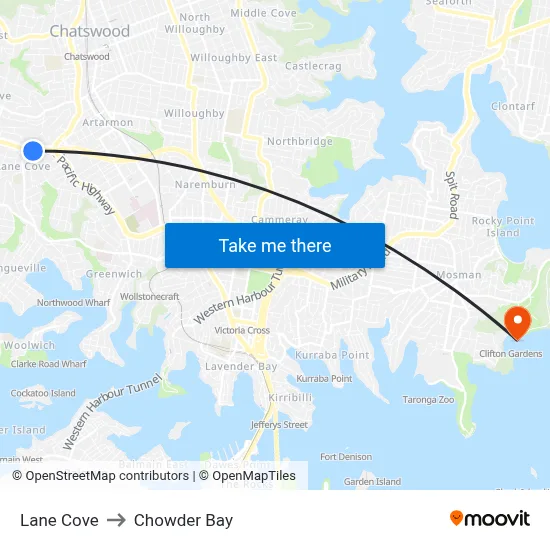 Lane Cove to Chowder Bay map