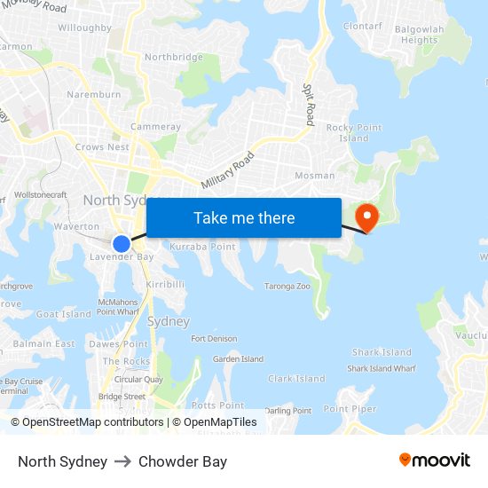 North Sydney to Chowder Bay map
