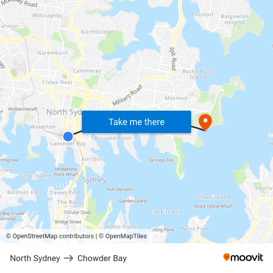 North Sydney to Chowder Bay map