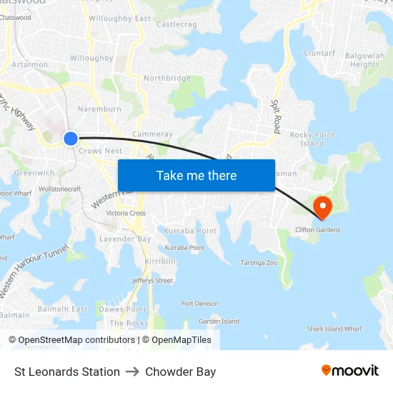 St Leonards Station to Chowder Bay map