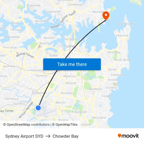 Sydney Airport SYD to Chowder Bay map