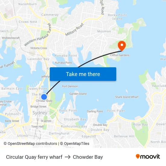 Circular Quay ferry wharf to Chowder Bay map