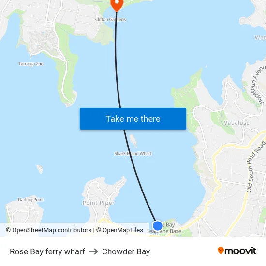 Rose Bay ferry wharf to Chowder Bay map