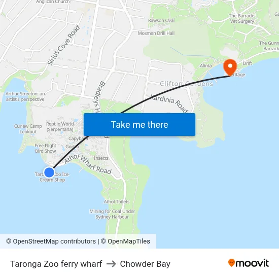 Taronga Zoo ferry wharf to Chowder Bay map