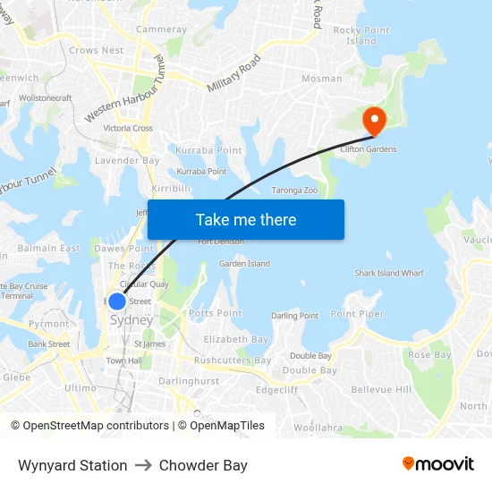 Wynyard Station to Chowder Bay map