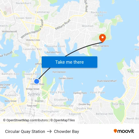 Circular Quay Station to Chowder Bay map