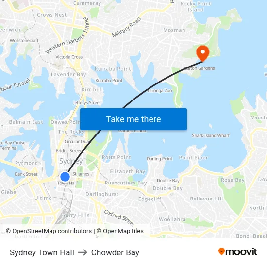 Sydney Town Hall to Chowder Bay map