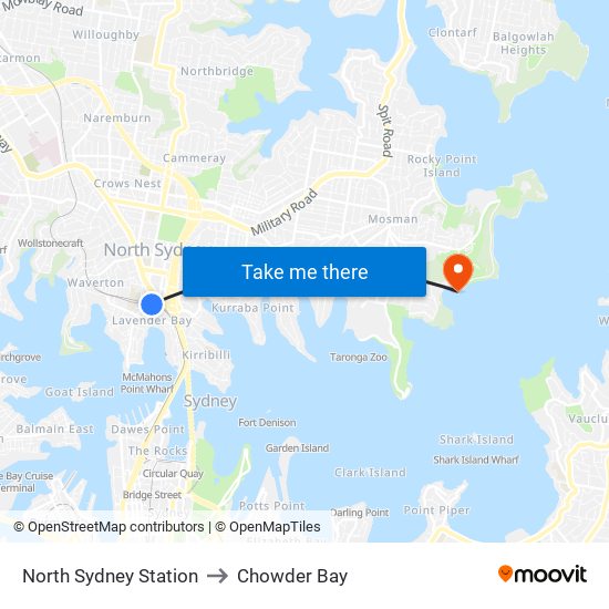 North Sydney Station to Chowder Bay map