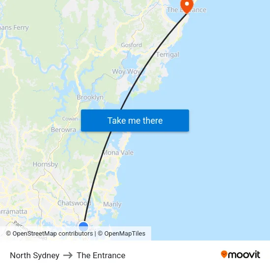 North Sydney to The Entrance map