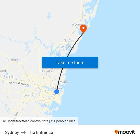 Sydney to The Entrance map