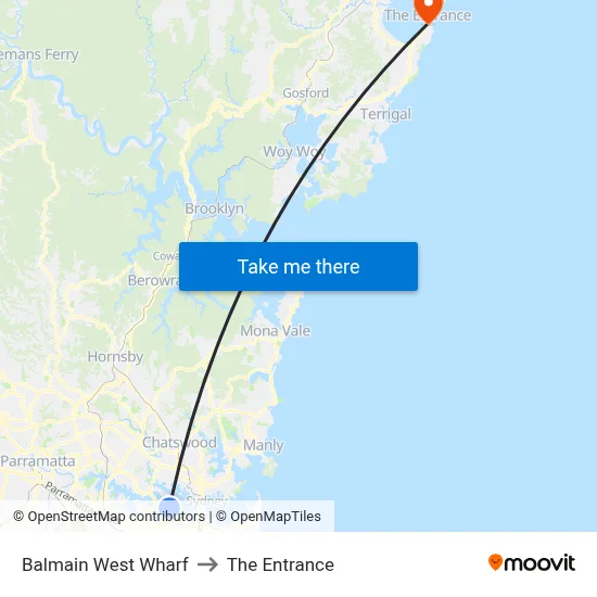 Balmain West Wharf to The Entrance map