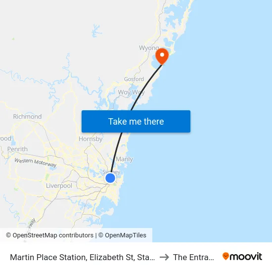 Martin Place Station, Elizabeth St, Stand G to The Entrance map