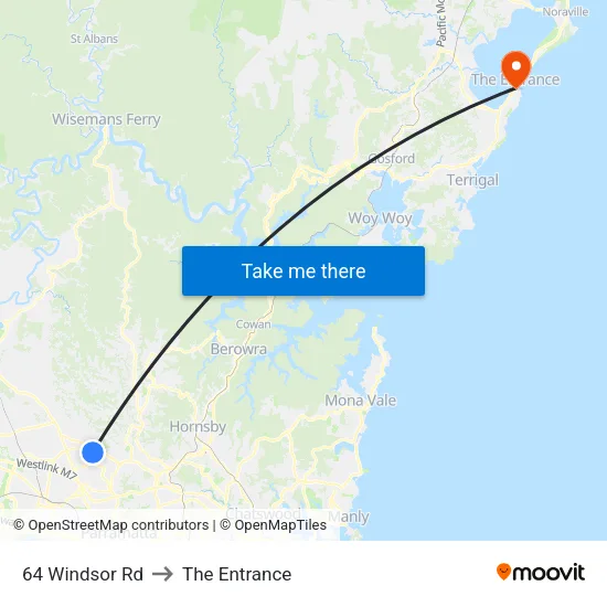 64 Windsor Rd to The Entrance map