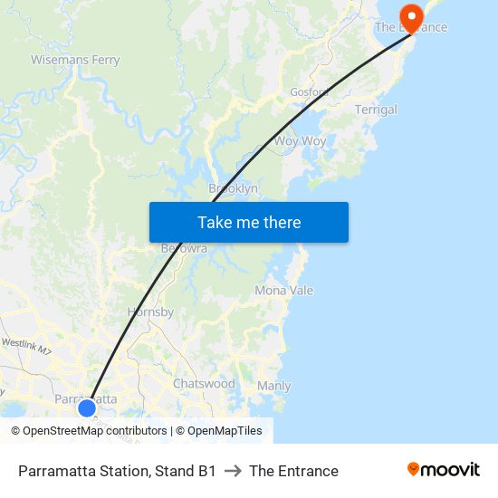 Parramatta Station, Stand B1 to The Entrance map