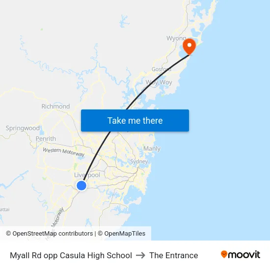 Myall Rd opp Casula High School to The Entrance map