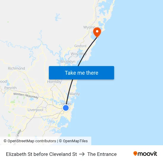Elizabeth St before Cleveland St to The Entrance map