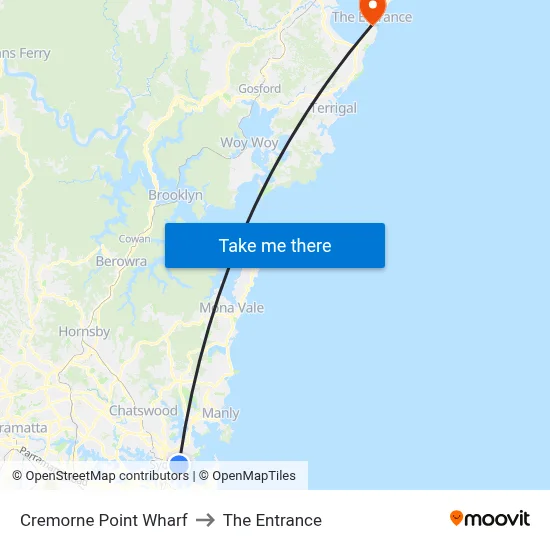 Cremorne Point Wharf to The Entrance map