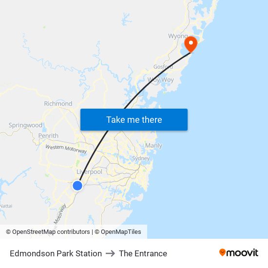 Edmondson Park Station to The Entrance map