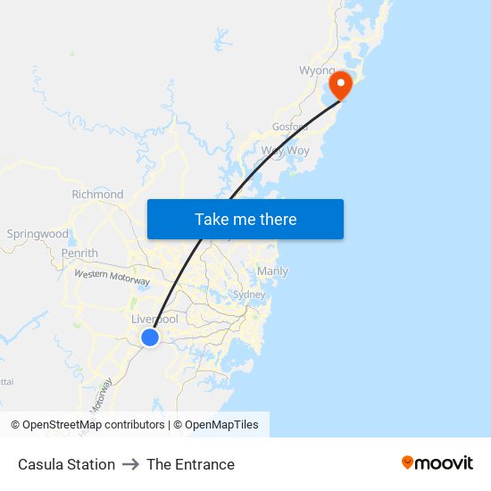 Casula Station to The Entrance map