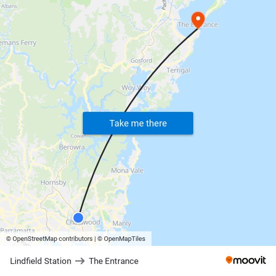 Lindfield Station to The Entrance map