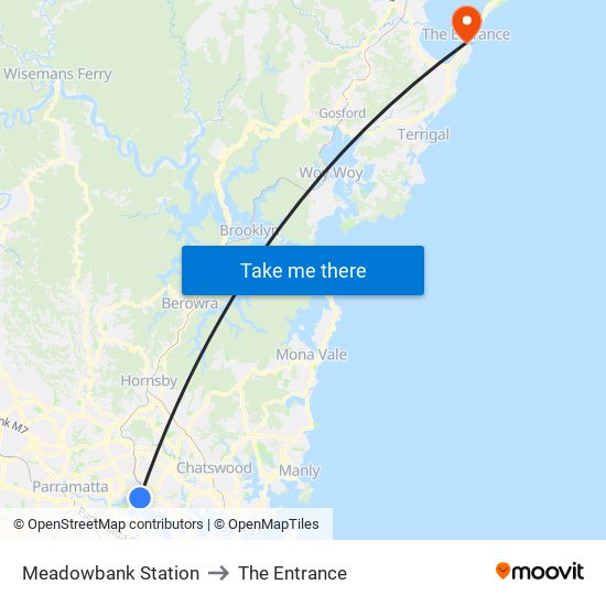 Meadowbank Station to The Entrance map