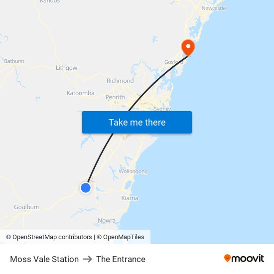 Moss Vale Station to The Entrance map