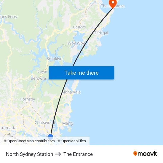 North Sydney Station to The Entrance map