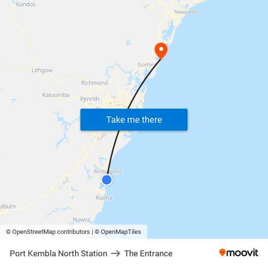 Port Kembla North Station to The Entrance map