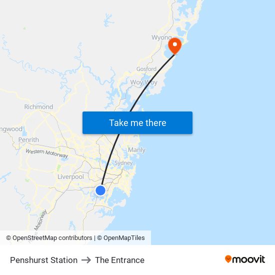 Penshurst Station to The Entrance map