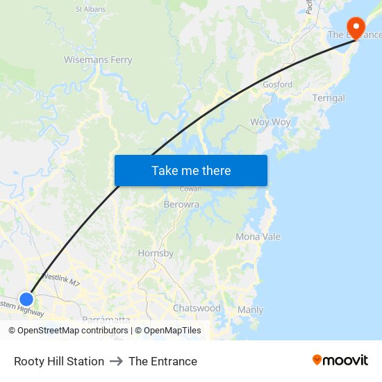 Rooty Hill Station to The Entrance map