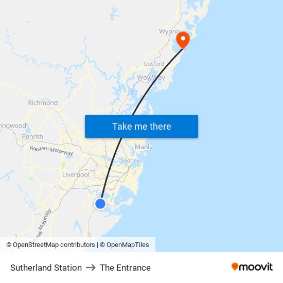 Sutherland Station to The Entrance map