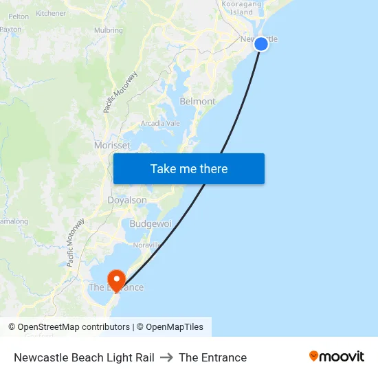 Newcastle Beach Light Rail to The Entrance map